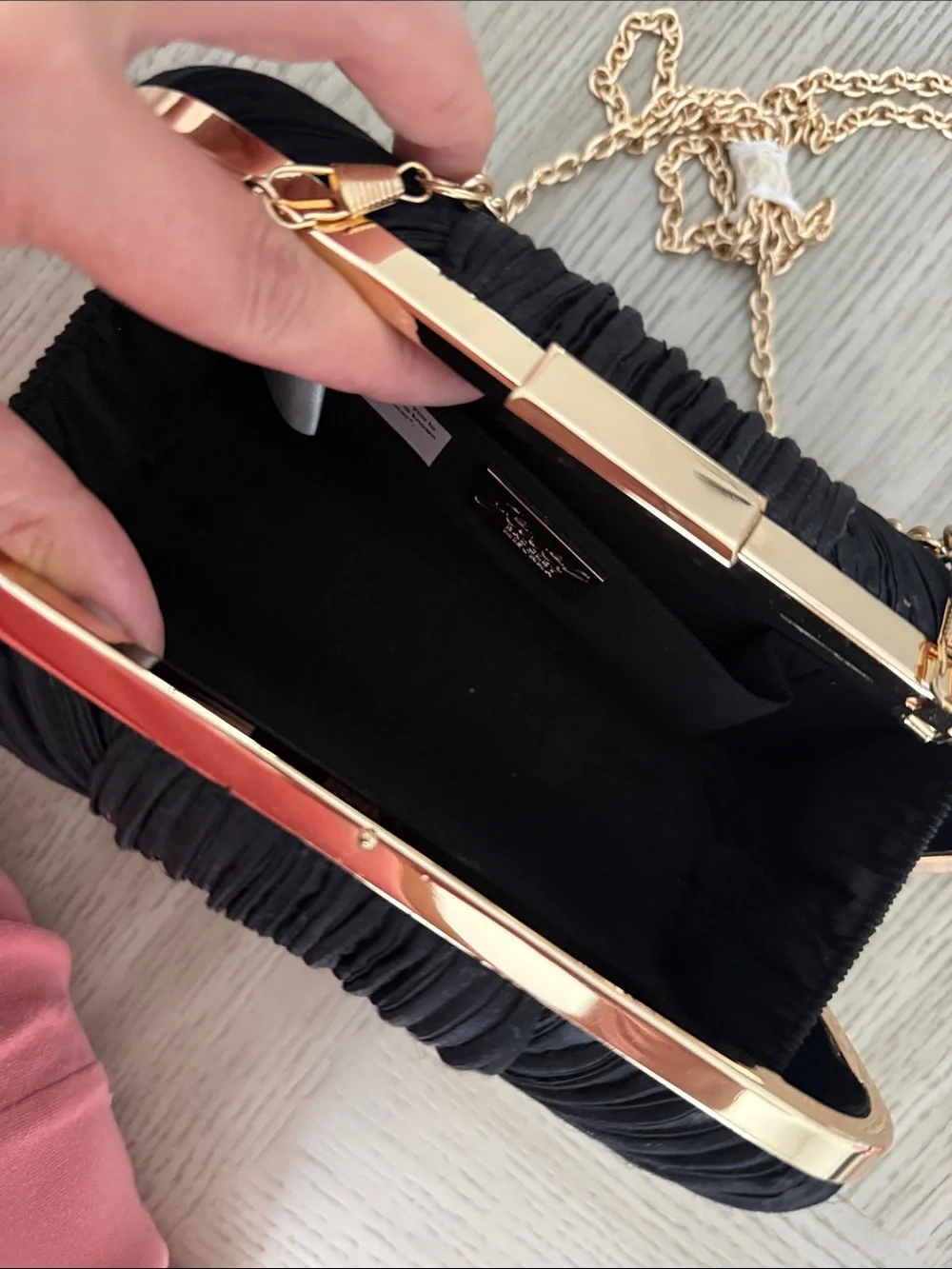Elegant Black Ruched Evening Clutch with Gold Frame